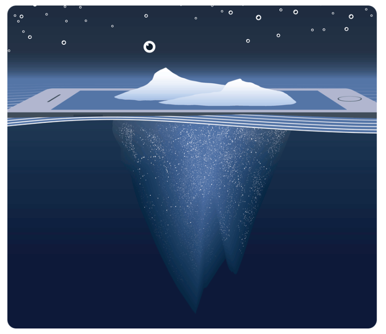 Illustration of a smartphone with an iceberg underneath, representing hidden audience data insights.