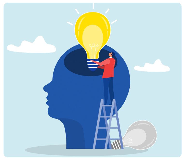 Illustration of a person placing a lightbulb into a large head symbolizing ideas and innovation, representing print marketing effectiveness.