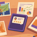 Illustrated creative workspace featuring marketing visuals—a lifestyle photo, expressive storytelling snapshot, infographic chart, digital customer review, and large format print—styled in warm colors with design tools and coffee cup on a wood-textured surface.