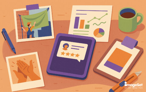 Illustrated creative workspace featuring marketing visuals—a lifestyle photo, expressive storytelling snapshot, infographic chart, digital customer review, and large format print—styled in warm colors with design tools and coffee cup on a wood-textured surface.