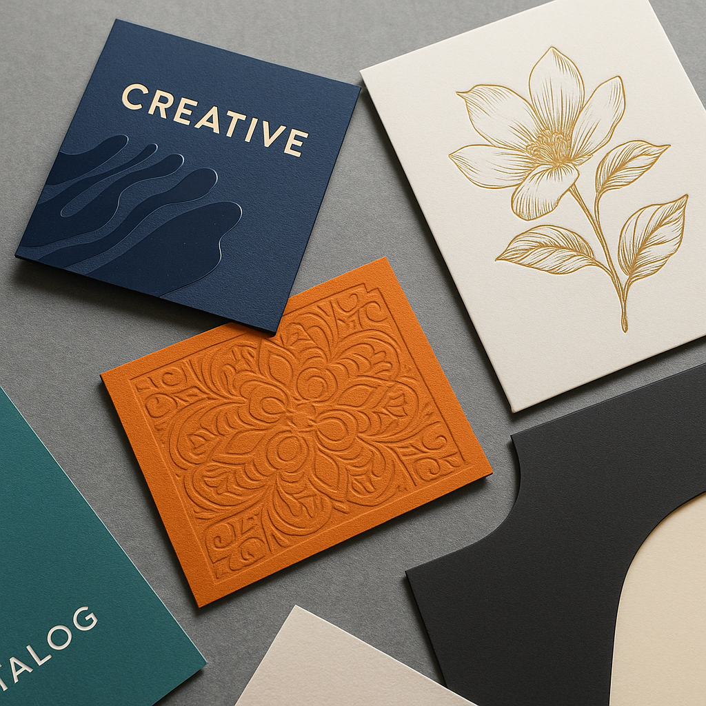 Luxury print finishing options including foil, gloss, and textured papers displayed on a clean work surface.