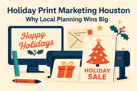Illustrated holiday print marketing scene featuring a printer, monitor, envelopes, and holiday-themed postcards with messages like “Happy Holidays” and “Holiday Sale,” styled in ImageSet’s purple and warm neutral color palette, emphasizing local Houston print planning.